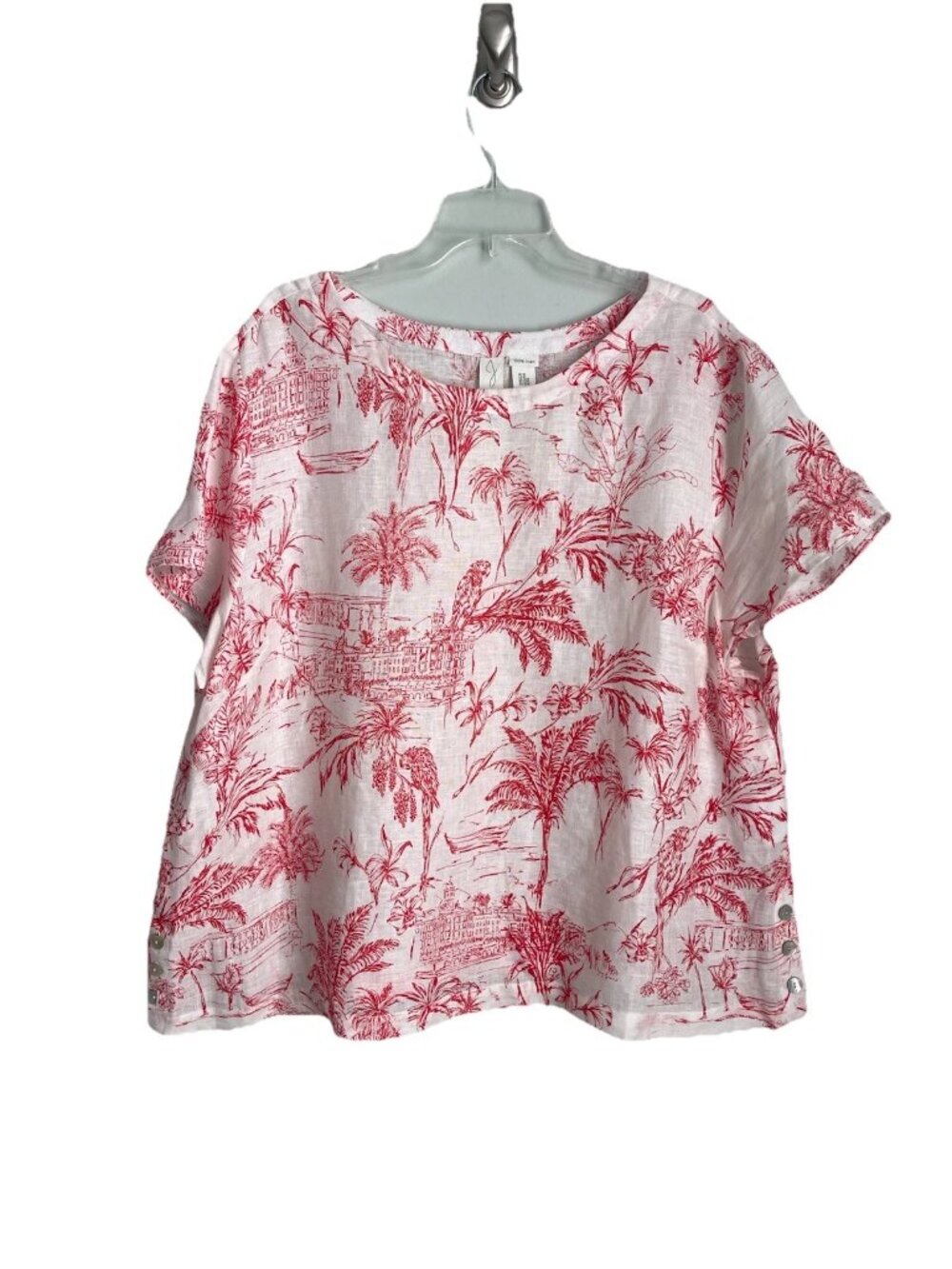 Joie Red 100% Linen Top in Tropical Toile de Jouy Print Button Detail